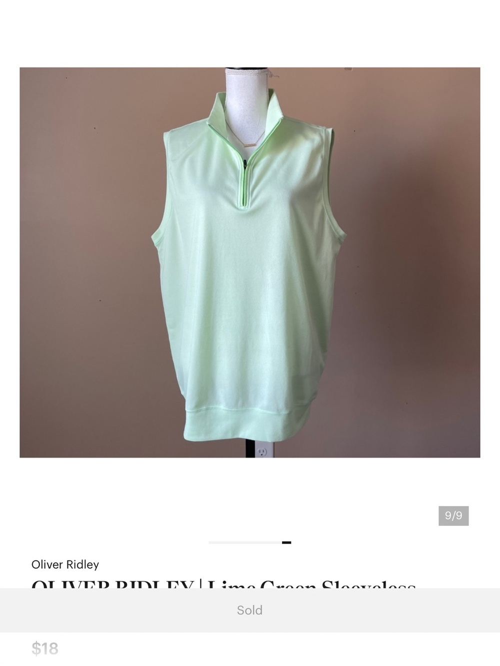 OLIVER RIDLEY | Lime Green Sleeveless Quarter Zip Golf Shirt Sz L
